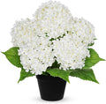 18" Hydrangea Artificial Flowers Plant in Black Plastic Pot, Fake Hydrangeas Plants for Home Office Indoor Outdoor Decor, Realistic Floral Arrangement for Living Room & Porch Decorations, White