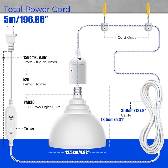 Barrina Hanging Grow Lights for Indoor Plants, 25W Full Spectrum, with Timer and 16.4FT Power Cord, Pendant Plant Lights for Indoor Growing, Large Tall Plant, Garden, Flowers, Greenhouse