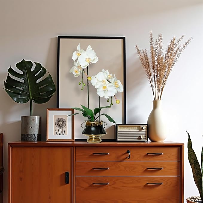 CXGS Orchids Artificial Flowers Realistic Fake Flowers in Ceramic Vase 20" White Faux Plants Indoor Lifelike Soft PU Phalaenopsis for Centerpiece Hotel Home Decor