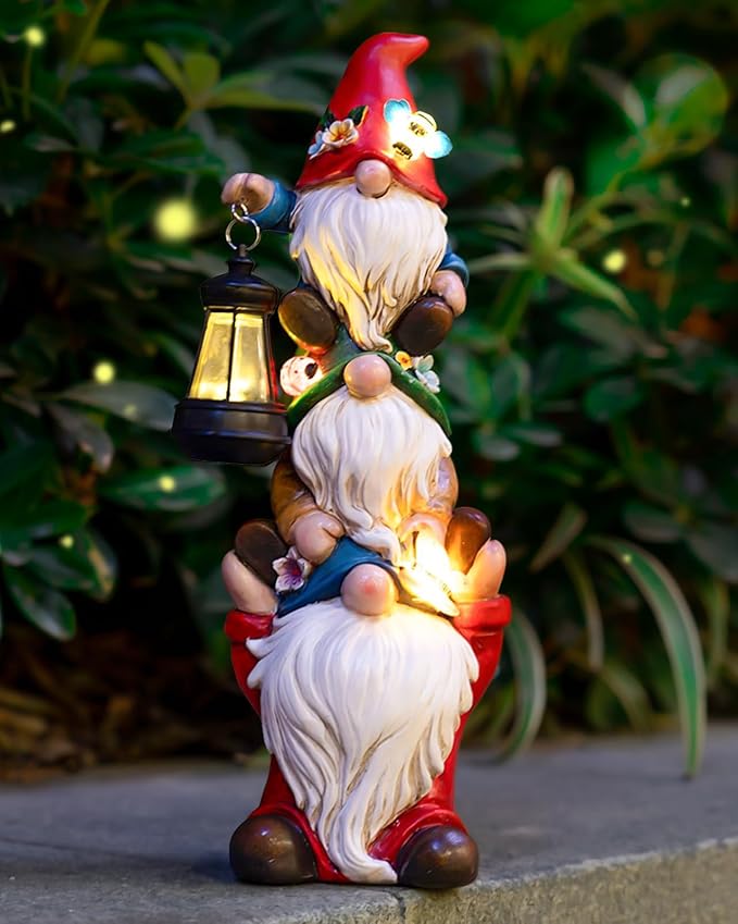 twinbling Garden Gnome Statue with Solar Lights Garden Sculptures Funny Triple Gnome Outdoor Patio Lawn Yard Balcony Home Decor Birthday Gift for Mom Woman Grandma 12 in Summer Gnomes
