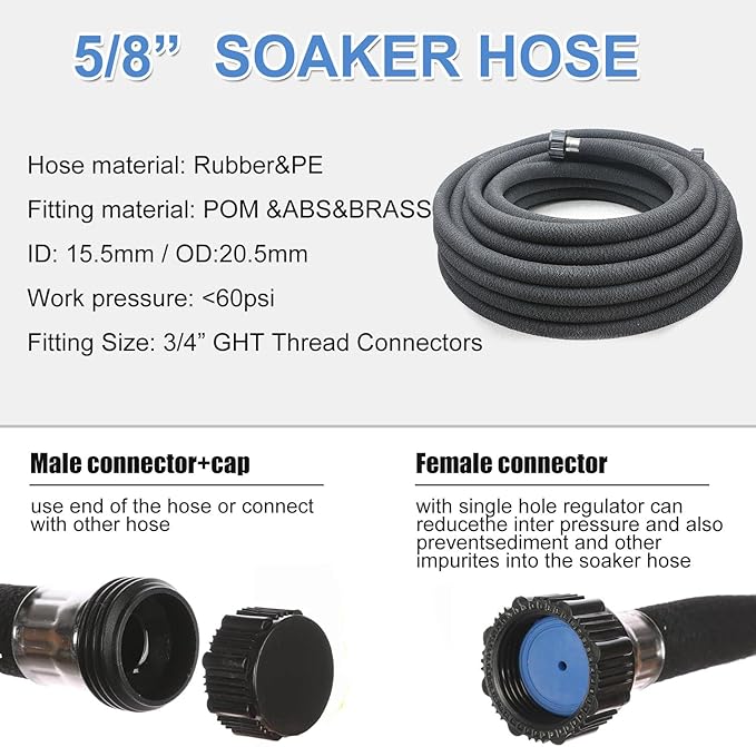 Taisia 5/8" Soaker Hose 25 ft Round Rubber Garden Water Hoses, Heavy Duty Drip Hose for Watering Irrigation, Water Seeper Soaker Hoses for Garden, Lawn and Plants