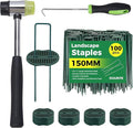 6 Inch Landscape Fabric Staples, 100Pcs Garden Stakes Galvanized +100Pcs Gasket +Pick Hook +Rubber Mallet, U Shaped Weed Barrier Stakes 11 Gauge Lawn Staples Landscape Pins for Yard, Sod, Weed Mat