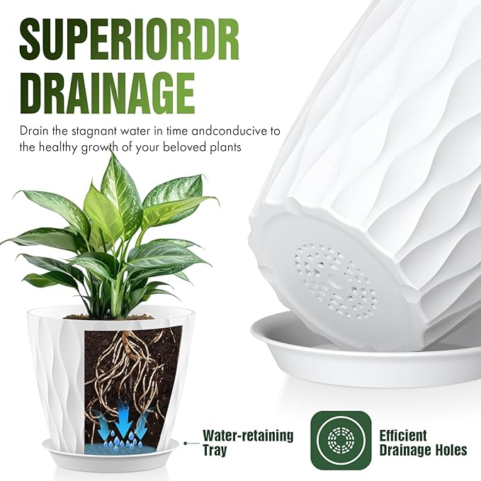 8" Water Wave Plant Pots with Drainage Holes & Saucers, 4 Pack Modern Textured Medium Planters for Indoor Outdoor Plants, Decorative Flower Pots Repotting Set for Flowers, Herbs (White)