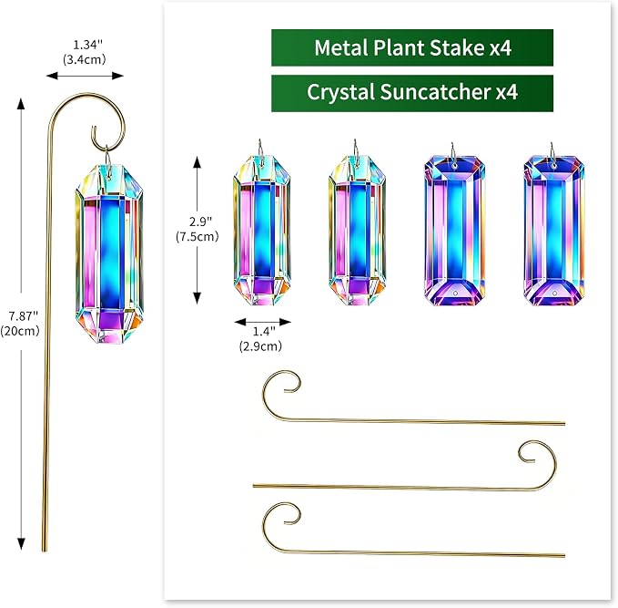 4 Pack Big Crystal Suncatcher Plant Stakes with Golden Trellis – AB Colored Prisms for Indoor Potted Plants, Rainbow Maker Garden Sun Catcher, Window Hanging Crystals for Home Outdoor Decor