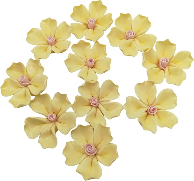 10 PCS 3D Flower Ceramic Tiles,1.6" Handmade Procelain Ceramic Flowers for Artwork,Fish Tank,Vases,Living Room, Dining Table,Office, Home Floral Decor (Single-Flowered Light Yellow)