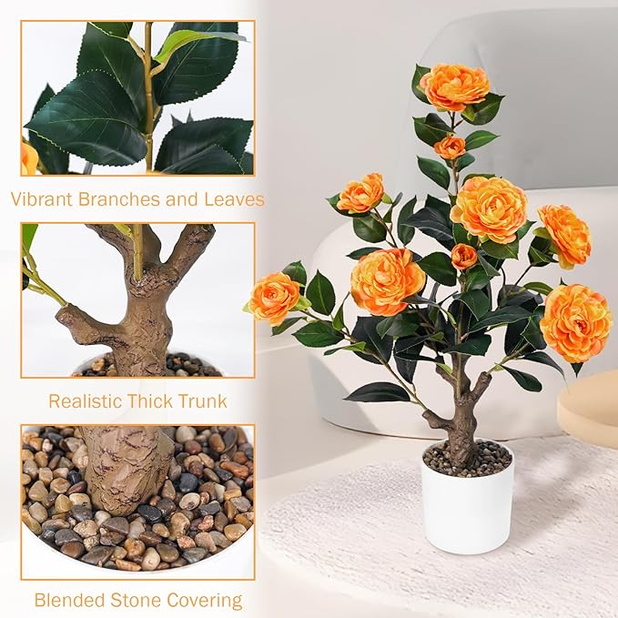 Caxchiling 2FT Artificial Camellia Tree, Small Fake Tree for Outdoor Indoor, Plastic Potted Plants for Home Office, Tabletop Desk Orange Flower Plants (1 Pack)