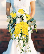 4PCS Faux Orchid Artificial Flowers, 35inch Long Stem Phalaenopsis Branches，Fake Orchid Flowers for Tall Vase Home Wedding Party Decoration (Yellow)