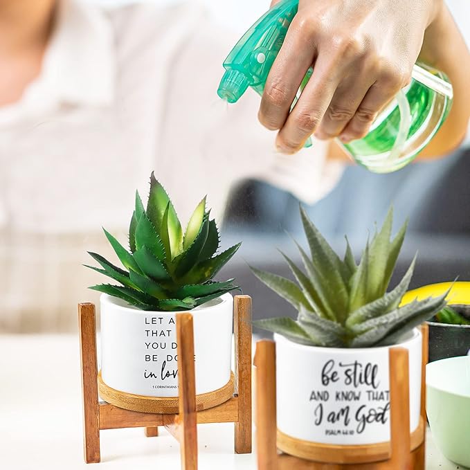 Fumete 12 Pcs Bible Verse Succulent Pots with Tray Drainage, 3 x 2 in Inspirational Mini Ceramic Flower Planter Christian Religious Gifts for Women Men Teacher Guest Staff Church(Scripture Series)
