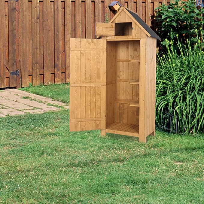 Outvita Outdoor Storage Cabinet, 70in Wooden Vertical Garden Tools Shed, Patio Storage Organizer with Latch & Waterproof Roof for Yard Deck Lawn Farmland Equipment(Natural)