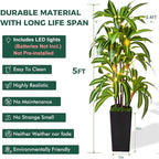 Artificial Dracaena Tree with Lights, 5Ft Fake Plants with Black Tall Planter - Fake Tree Tall Faux Plants Indoor Floor Plant with Moss - Artificial Plants Indoor for Office Living Room Home Decor