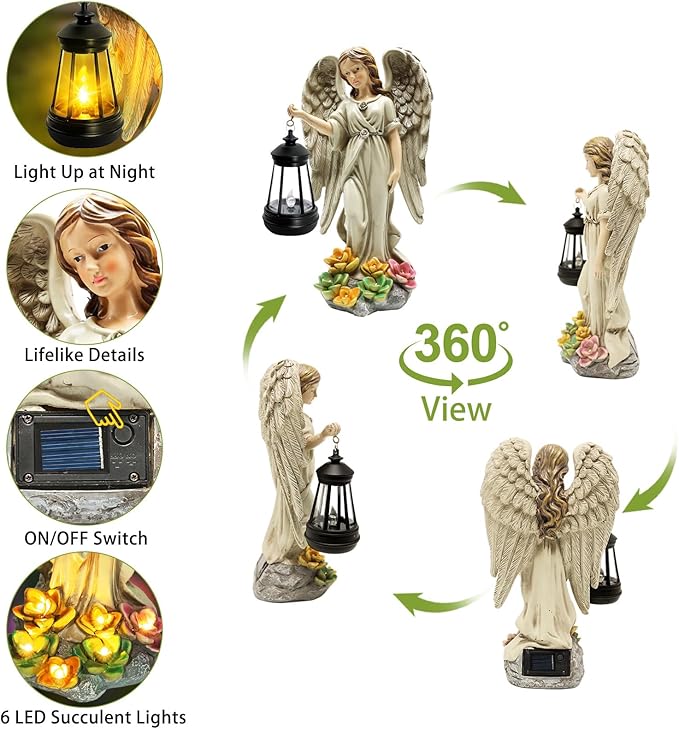 Solar Garden Statue Angel Figurine - 11.8 Inch Fairy Garden Angel Decor with Hanging Solar Lanterns and Succulent LED Lights for Balcony Patio Lawn Yard Ornaments, Mothers Day Gifts for Women Mom
