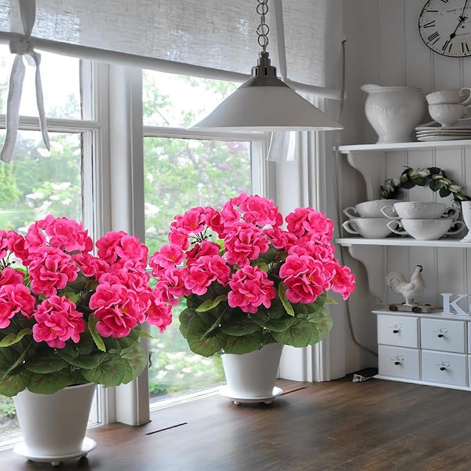 CITYES 3 Pcs Artificial Geraniums Flowers Silk Geraniums for Outdoors UV Resistant Rose Red Artificial Geranium Bush Faux Flowers Plant for Planter Garden Home Decor Patio Vase Table Centerpiece