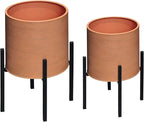 ARNIS Modern Plant Pots, Set of 2 Large Planters with Stand, Decorative Planters, Metal Pots with Drainage Holes for Living Room, Office, Garden or Balcony, 8.25 &10.5 Inch, Terracotta