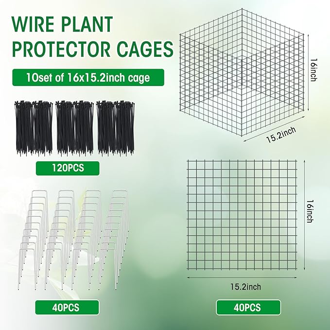 Zubebe 10 Pack Small Wire Plant Protectors Square Plant Protectors from Animals Mesh Cage Chicken Wire Cloche for Shrubs with Ground Stakes and Nylon Ties(Thickness 2mm,Dark Green)