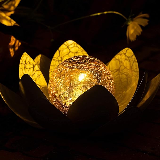 Huaxu Garden Solar Light Outdoor, Amber Crackle Globe Glass Lotus Decoration, Waterproof Gray Metal LED Flower Lights for Patio,Lawn,Walkway,Tabletop,Ground…