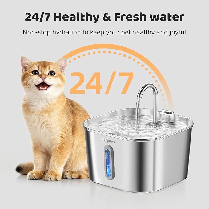 SARPAWS Cat Water Fountain Stainless Steel, 2.2L/74oz Pet Water Fountain for Cats Indoor, Ultra Quiet Cat Fountain for Cats and Small Animals, Cat Fountain for Drinking with 2 Filters & 2 Sponges