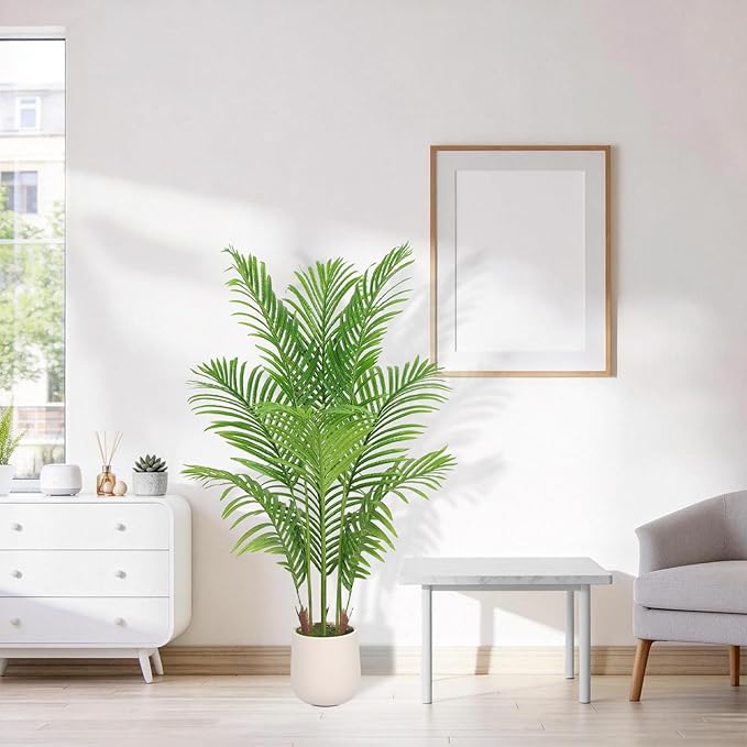 Artificial Palm Tree 4FT, Fake Tree Tall Fake Plant with White Planter, Artificial Tree Faux Floor Plant Artificial Plant Indoor for Home Office Living Room Decor