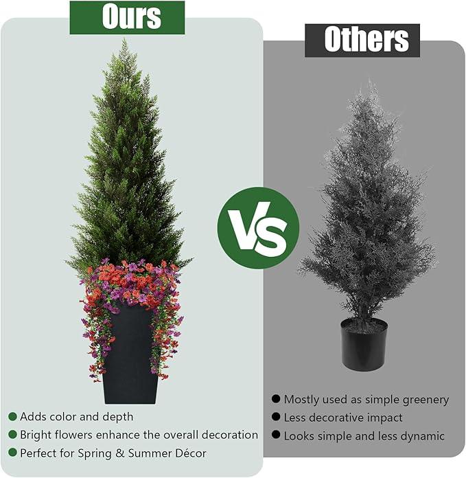 Artificial Topiary Cedar Trees 4FT Tall 2 Set with 12 Bundles Faux Silk Flowers, Outdoor Indoor Faux Pine Shrubs Plants, Fake Bushes Plants for Home Front Porch Door Patio