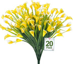 TURNMEON 20 Bundles Calla Lily (400 Heads) Artificial Flowers for Outdoors, Fake Plants UV Resistant Faux Plastic Fake Flowers for Indoor Planter Home Porch Yard Spring Summer Cemetery Decor(Yellow)