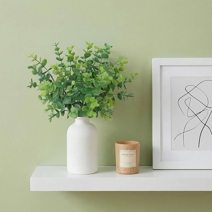 12" Artificial Sage Eucalyptus Stems Potted Plant - Realistic Small Fake Desk Plants for Office Home Decor, Faux Plants in Frosted Ceramic Vase for Indoor Spaces, Table Decor（7 pcs）