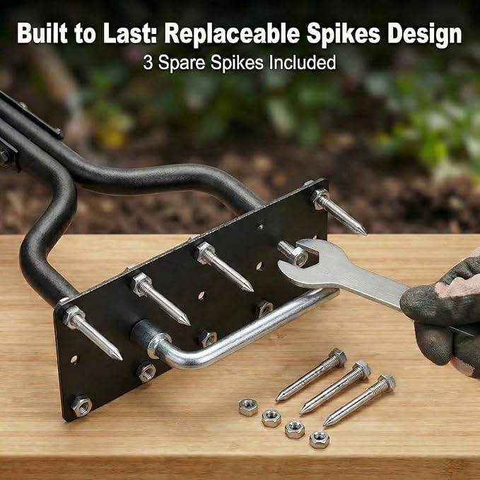 Lawn Aerator Tool with 15 Thicker Spikes, Manual Grass Aerator for Yard Care, Includes 3 Spare Spikes, Weldless U-Shaped Handle, 36 Inch(Black)