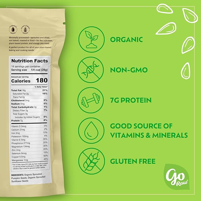 Go Raw , Sprouted Pumpkin and Sunflower Seed Mix| Keto | Vegan | Gluten Free Snacks | Organic | Superfood (Packaging May Vary), 14 oz(Single) (71450-64157), .0 Oz, Unsalted Mix 1 Pound 16.0 Ounce