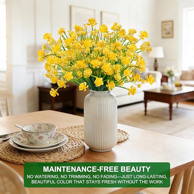 TURNMEON 12 Bundles Artificial Flowers for Outdoors Summer Decor, Realistic UV Resistant Fake Plants Faux Plastic Flowers for Outside Planter Home Gardens Porch Yards Spring Cemetery Decor(Yellow)
