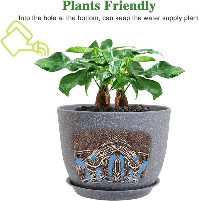 UOUZ 12inch Large Plant Pot, Modern Plastic Planter with High Driange Holes and Saucer for Indoor Outdoor Garden Plants and Flowers, Grey Speckles