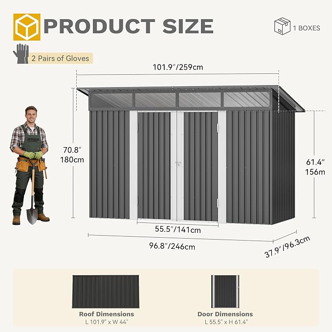 DWVO 9x4 FT Outdoor Storage Shed with Acrylic Windows, Utility Tool Shed Metal Storage Garden Shed with Door & Lock for Bike Storage, Waterproof Trash Shed for Backyard Garden Patio, Dark Dray