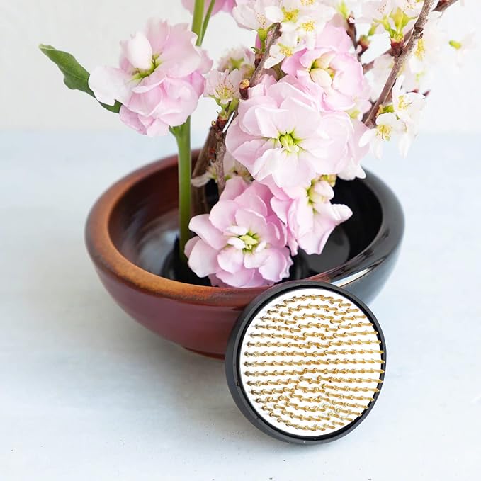 Wazakura Minoyaki Series Japanese Ikebana Essential Tool Kit with Small Round Ceramic Flower Vase and Kenzan Pin Frog for Floral Arranging - Black & Red Kenzan + 2in (61mm) Brass Kenzan