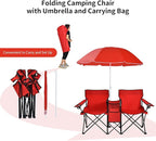 Goplus Double Camping Chair with Umbrella, Folding Loveseat Chairs w/Canopy Shade, Carrying Bag, Table, Cup Holder, Portable Beach Chairs Outdoor Picnic Patio (Red)