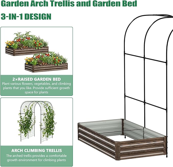 SUNYRISY Galvanized Raised Garden Bed with 87" H Arch Trellis for Climbing Plants Outdoor, Large Metal Planter Box with Netting for Gardening Flowers Vegetables Fruit, Wood Grain