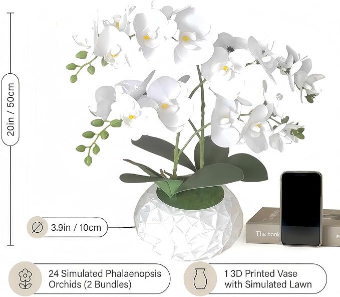Artificial Orchid with 3D Printed Vase, 24 Stems Realistic Fake Phalaenopsis, Adjustable Silk Flowers for Home Decor, Wedding Table Centerpieces, 2 Bunches + White