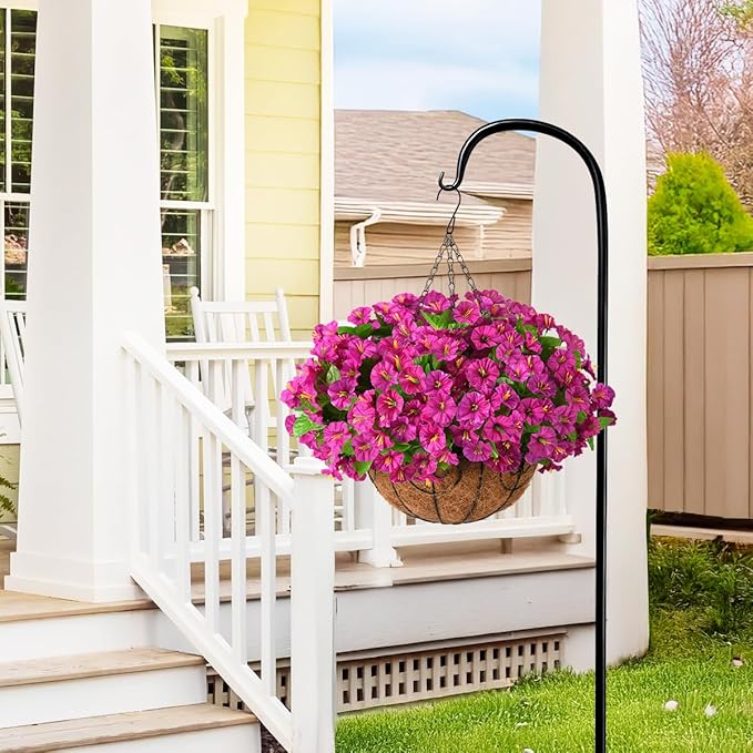 Homsunny Artificial Hanging Flowers Plants with Basket for Outdoors - Fake Petunias Flowers Fake Silk Morning Glory Planter for Outside Porch Patio Balcony Garden Spring Summer Decor(Purple red)