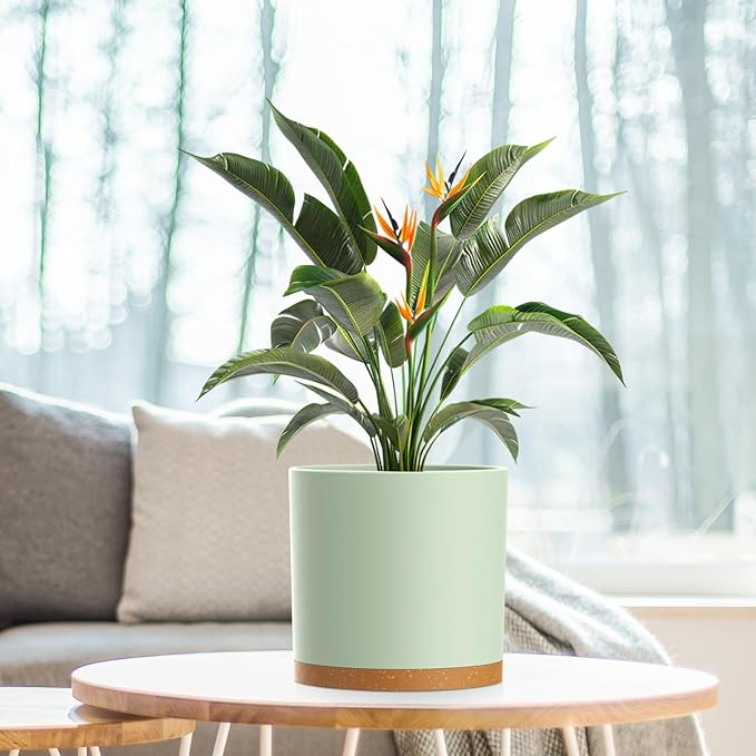 WSMKSZ 8 Inch Medium Flower Pots for Indoor Outdoor Plants, Cylinder Deep Plant Pots with Drainage Holes & Saucer, Decorative Plastic Planter Pots for Garden House Plants, Green with Brown