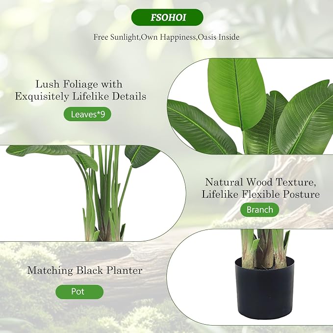Birds of Paradise Plant Artificial, 4FT Fake Plants Faux Banana Leaf Tree with 9 Banana Leaves, Lifelike Tall Fake Tropical Palm Indoor Silk Floor Plant in Black Pot for House,Office,Room,Home Decor