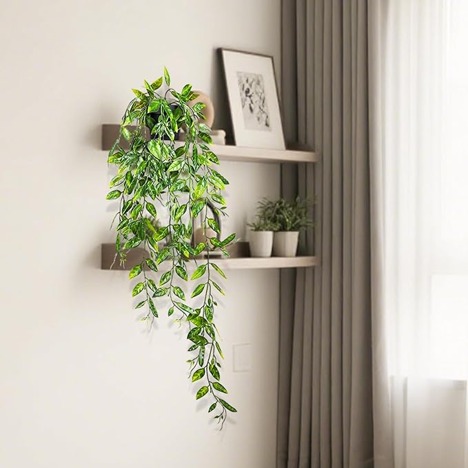 Clearain Fake Hanging Plants Vines for Room Decor, Artificial Ivy Greenery Garlands for Home Decor, Mini Faux Succulent Plant for Indoor Outdoor Aesthetic Office Shelf Decor (Dutch Bean leaves-1pcs)