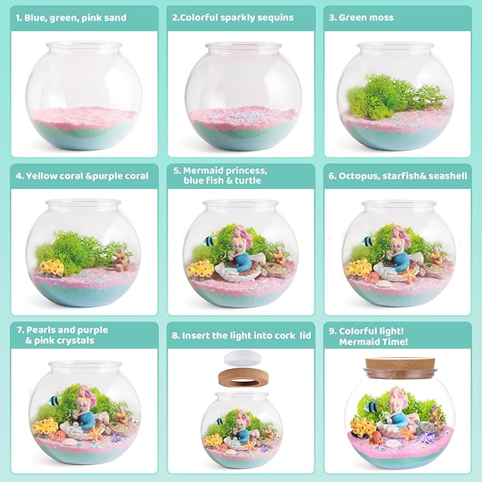 JOYEEMAX Mermaid Light-Up Terrarium Kit for Kids - LED Night Light Birthday Gift for Girls Ages 4 5 6 7 8-12 Year Old - Mermaid Toys for Girls - DIY Arts and Crafts Kit for Kids