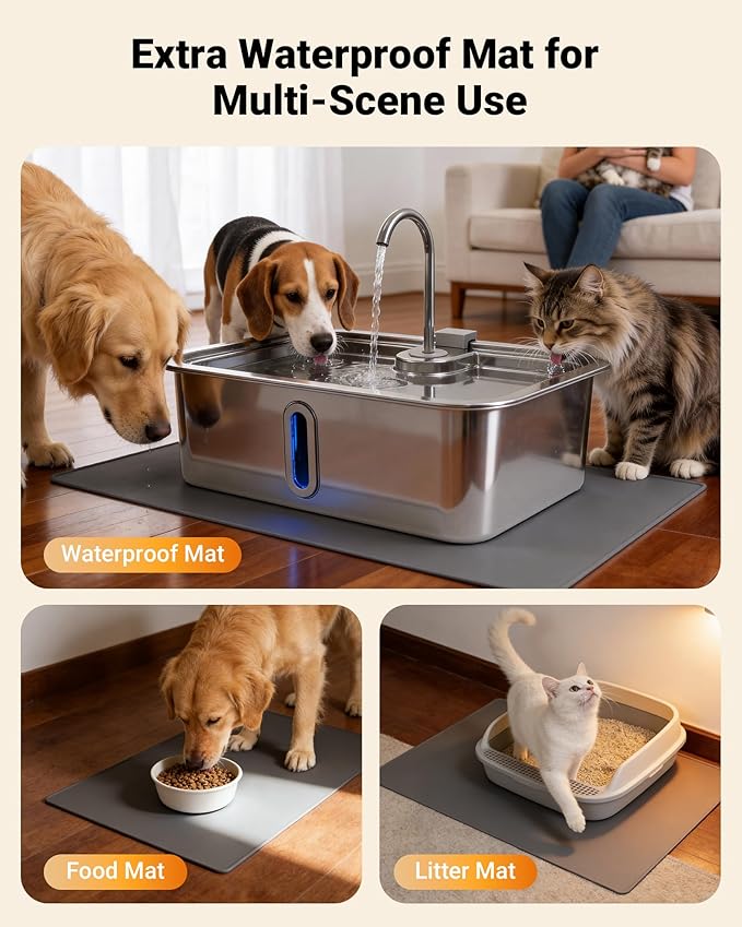 15L/4Gal Large Dog Water Fountain with Pet Feeding Mat & 3 Filters, Stainless Steel Pet Water Fountain for Dogs Cats, Dog Water Bowl Dispenser with Visible Window, Alert Light, Quiet Pump