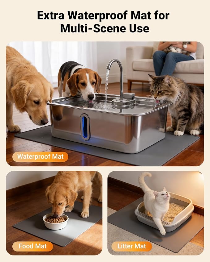18L/4.76Gal Extra Large Dog Water Fountain with Silicone Mat & 3 Filters, Quiet Pet Water Fountain for Giant Breeds, Stainless Steel Dog Water Bowl Dispenser with Visible Window & Alert Light