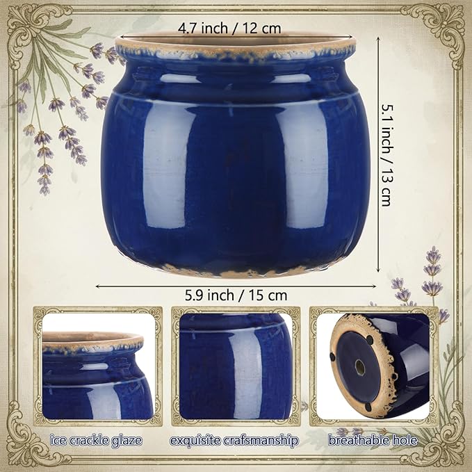 Vintage Large Ceramic Planter Navy Blue Ice Crack Glazed Flower Pot Pure Antique Cottage Flowers Vase Farmhouse Decor for Indoor Plants Succulents Home Kitchen Office