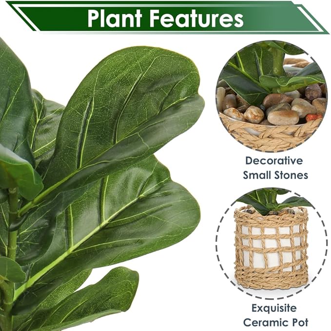 Briful Fake Plants Potted Plant Artificial Realistic Houseplant in White Ceramic Vase Wrapped Woven Pot, Fiddle Leaf Fig Faux Plant Indoor for Home Farmhouse Wedding Tabletop Shelf Decor