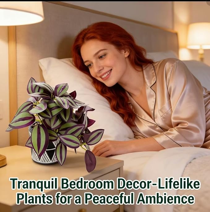 7" Artificial Tradescantia Zebrina Plant in Geometric Ceramic Pot, Lifelike Purple Variegated Vine 8" Wide Faux Indoor Plant for Home Office Desk Shelf Bathroom Decor