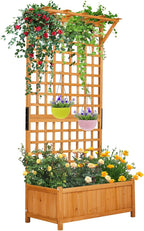 Outvita 72" H Outdoor Raised Garden Bed with Trellis & Roof, Wood Planter Box Equipped with Drainage for Vine Climbing Plants and Flowers Herbs in Balcony, Garden, Patio(Orange)