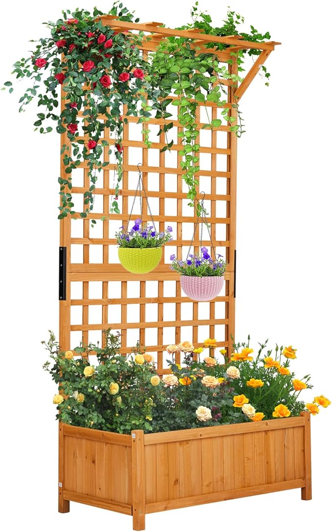 Outvita 72" H Outdoor Raised Garden Bed with Trellis & Roof, Wood Planter Box Equipped with Drainage for Vine Climbing Plants and Flowers Herbs in Balcony, Garden, Patio(Orange)