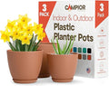Planter Pots with Drainage Holes - Lightweight, Durable, and Space-Saving Pots for Indoor and Outdoor - Versatile Functionality, Simple Modern Design, Set of 3 Plastic Planter Pots - Terracotta