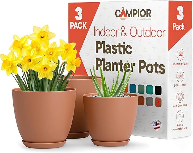 Planter Pots with Drainage Holes - Lightweight, Durable, and Space-Saving Pots for Indoor and Outdoor - Versatile Functionality, Simple Modern Design, Set of 3 Plastic Planter Pots - Terracotta
