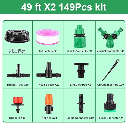 LasTool 98FT Drip Irrigation Kit,Automatic Garden Watering System with 1/4" Tubing,Adjustable Mist Sprayer Nozzles & Drip Emitters for Raised Bed,Patio,Lawn, Greenhouse-Easy DIY Installation
