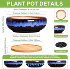 SQOWL 7 Inch Round Ceramic Succulent Planter Pot Drip Glazed Shallow Planter with Drainage Bamboo Tray for Indoor Plants
