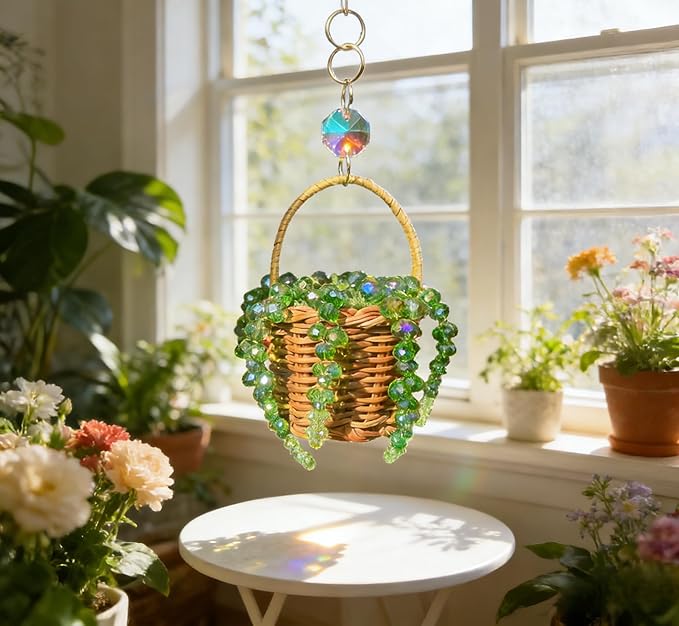 Bling Suncatcher String of Beads Plant Hanging Basket, Cute Handcrafted Crystal Succulent Sun Catchers for Window Hanging, Shiny Garden Crystal Sun Catcher Plant Lover Gift Mom Gifts (Green)